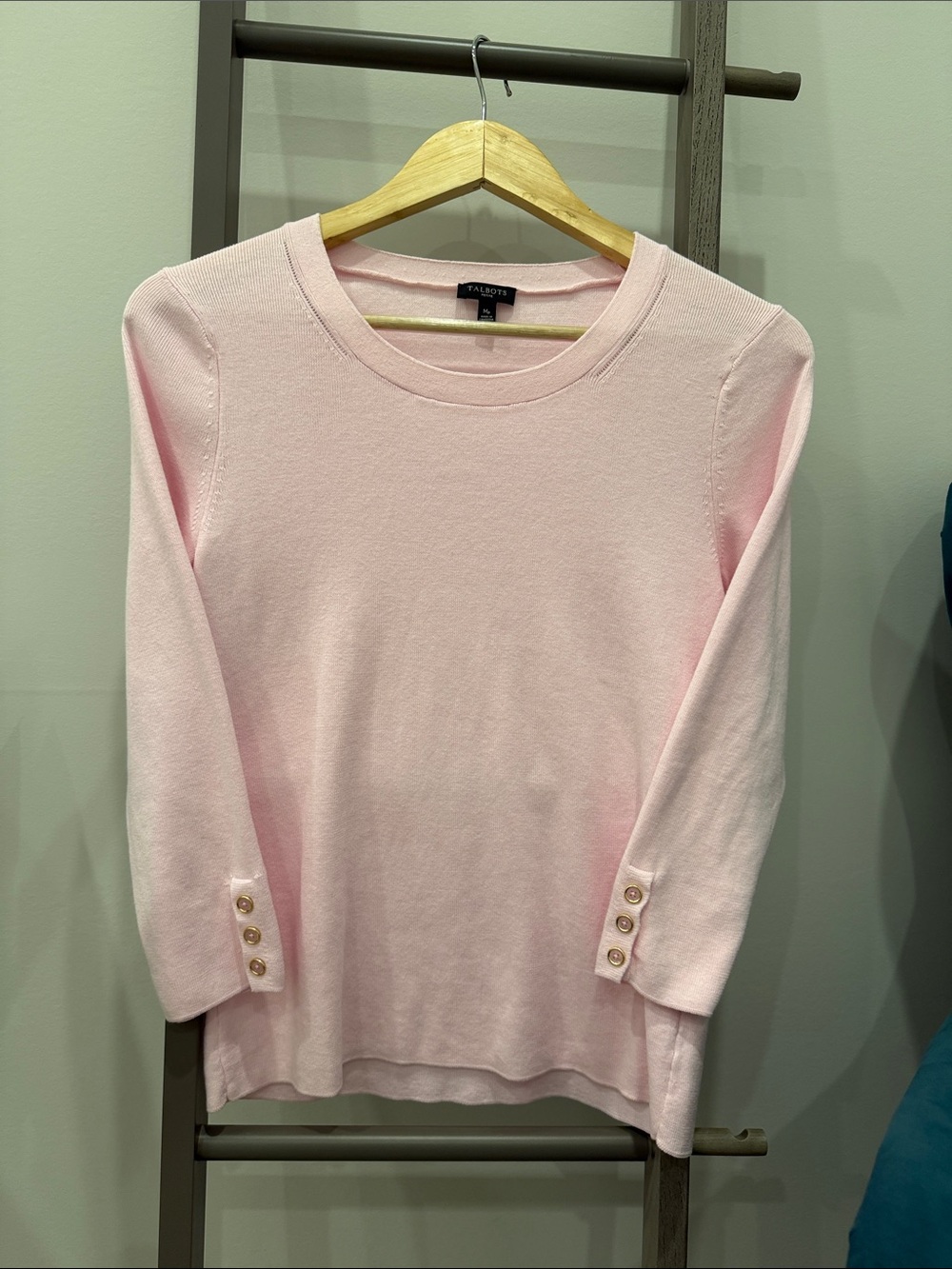 Talbots Soft Pink Button-Cuff Crewneck Sweater